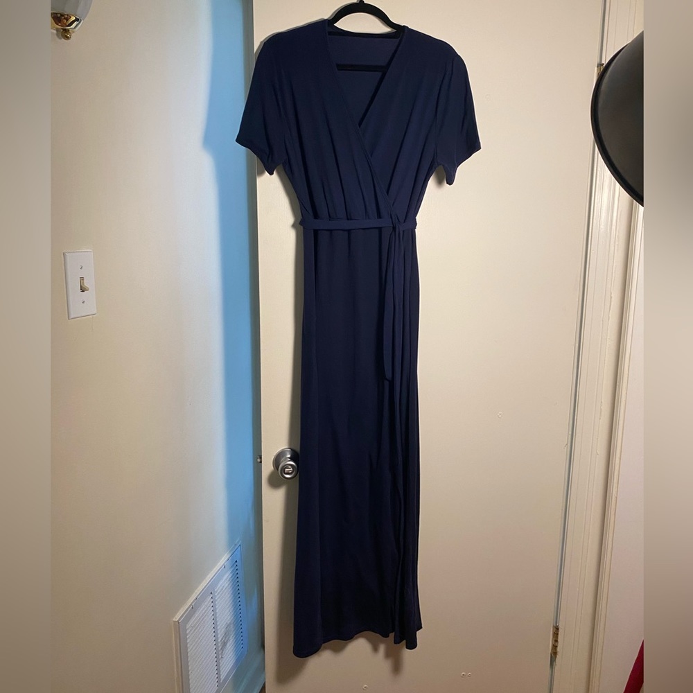 Navy short-sleeve wrap maxi dress